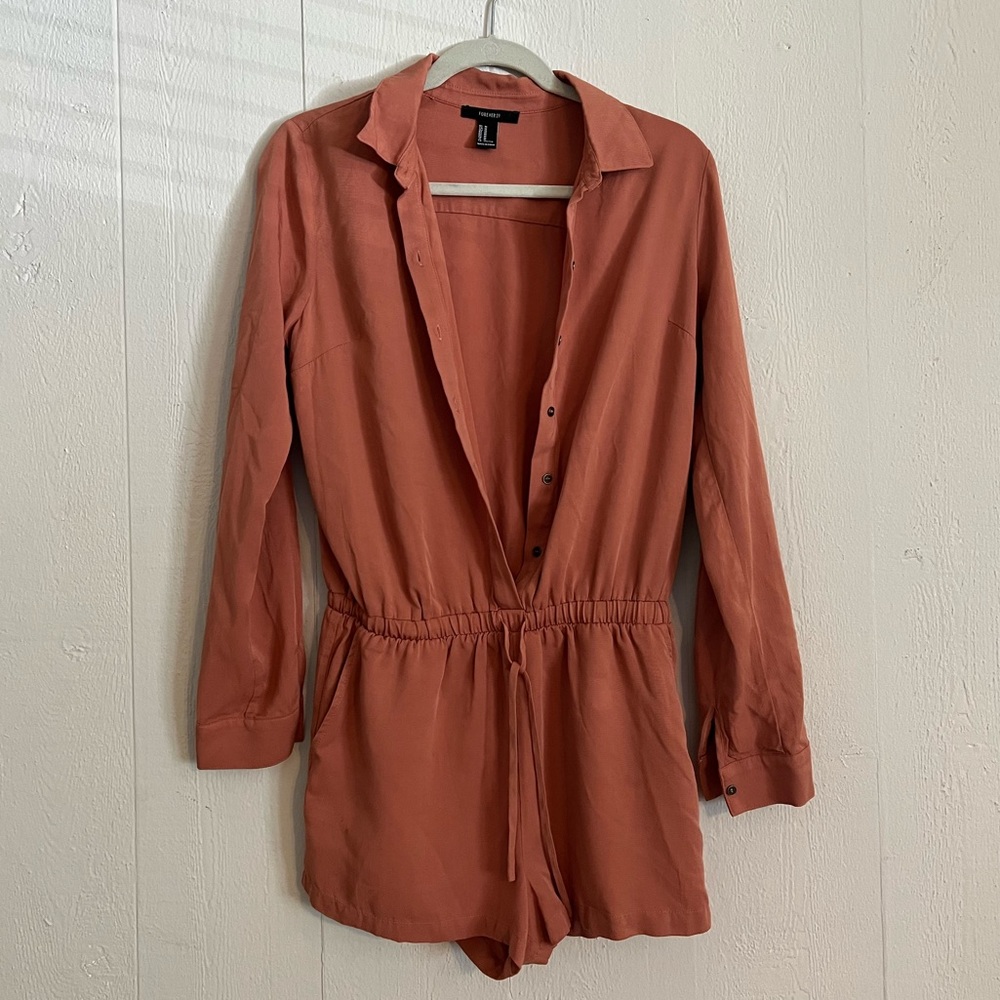Pink long sleeve button down romper